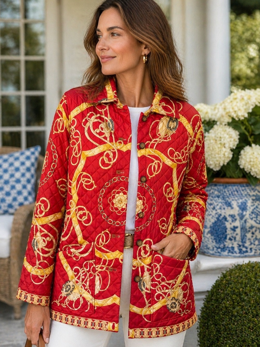 J. McLaughlin Silk Quilted Equestrian Jacket Red Gold M
